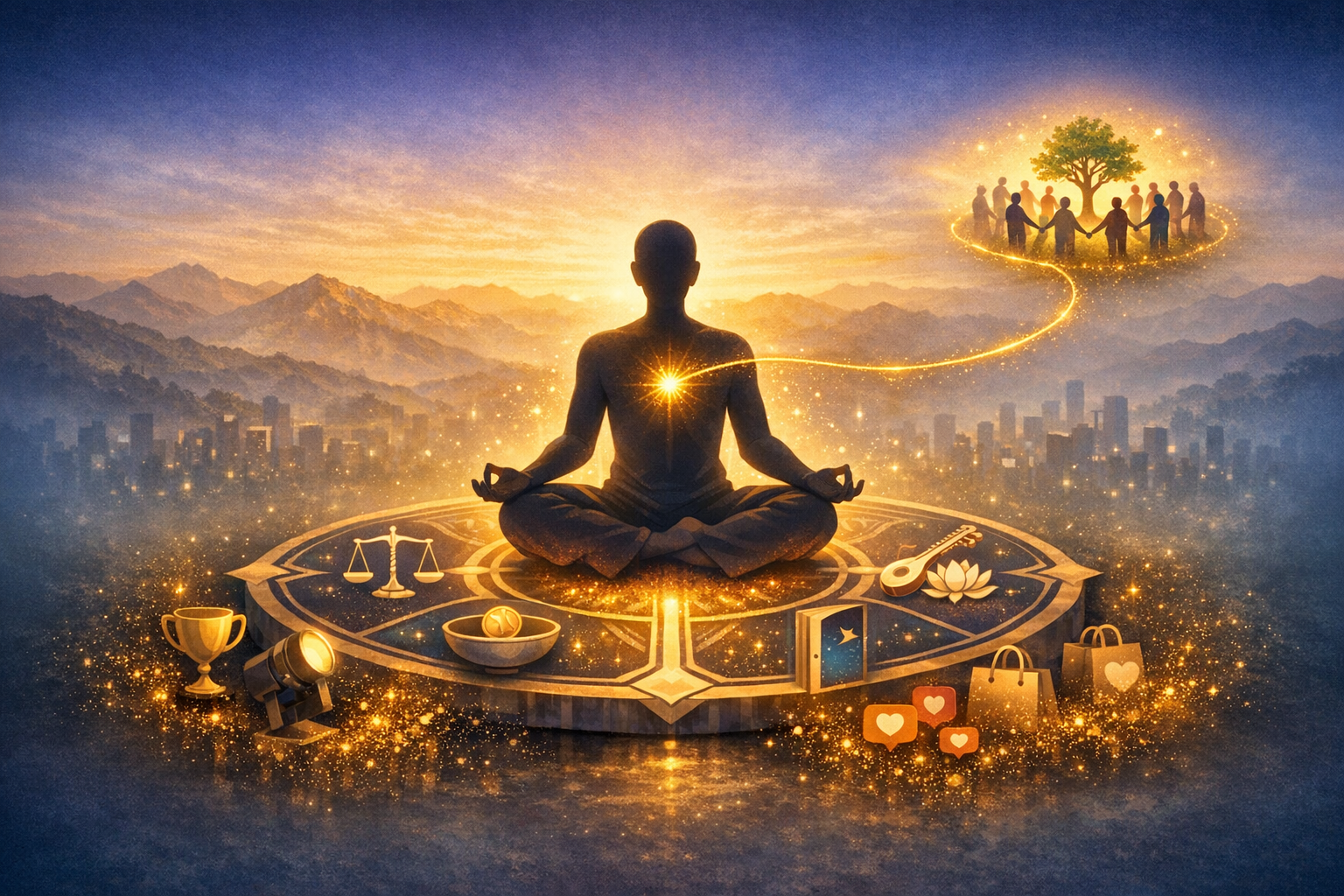 Silhouette meditating in mindfulness at sunrise on a mandala above a city; a heart glows as icons of balance, trophy, lotus and music surround, with a golden thread linking to people beneath a tree.