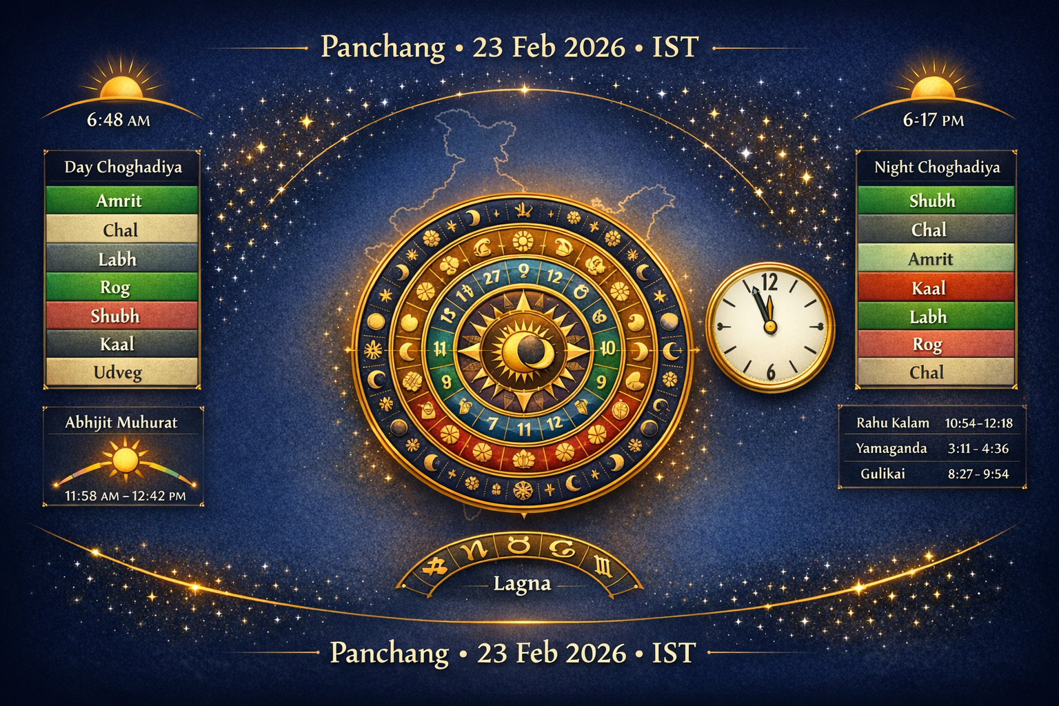 Panchang 23 February 2026 (IST): Tithi, Nakshatra, Choghadiya, and Auspicious Windows Explained