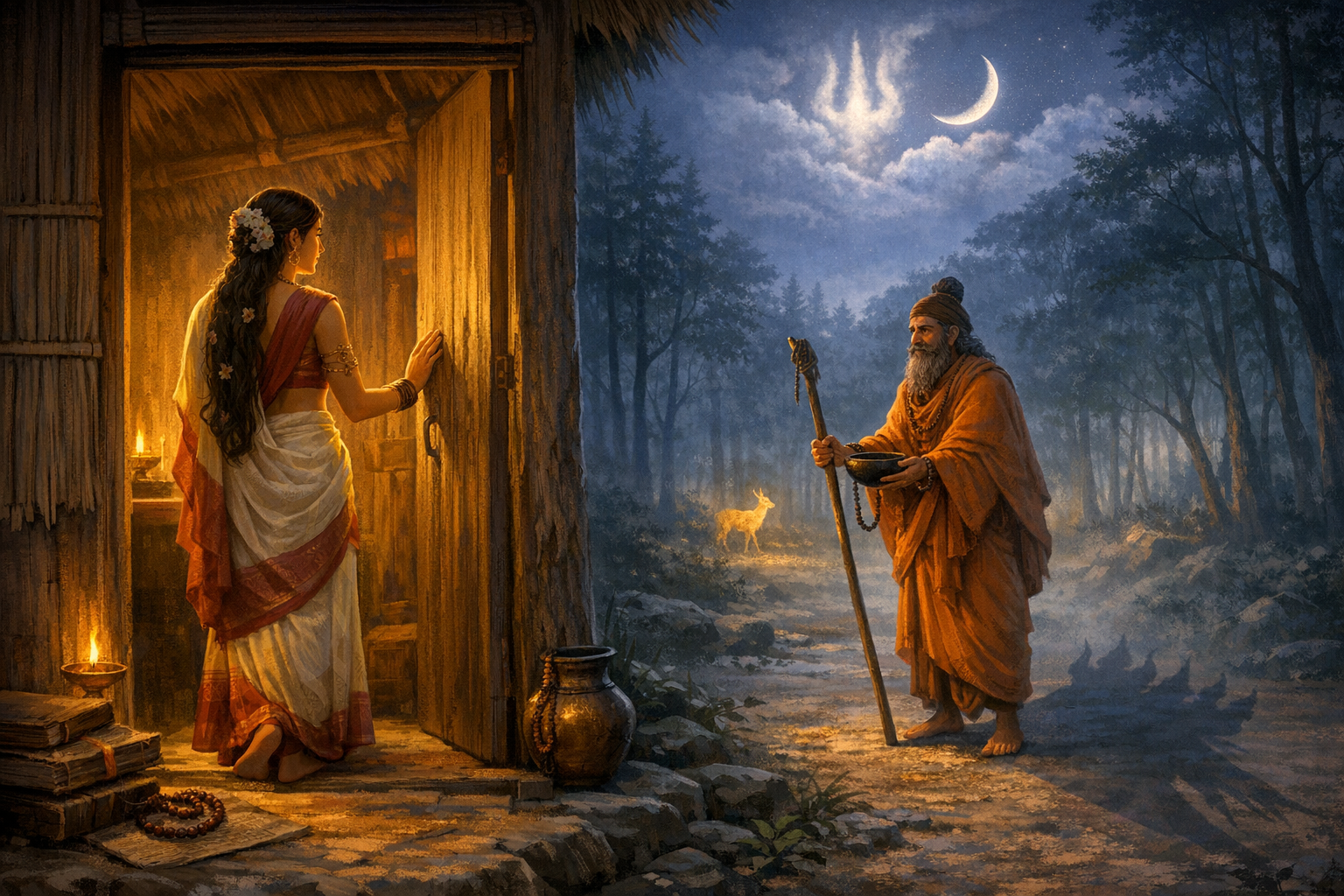 Moonlit forest: a woman in a red-bordered sari opens a hut door as an elderly ascetic with staff and begging bowl approaches; lamps glow, deer watches, crescent moon above, evoking Indian mythology.