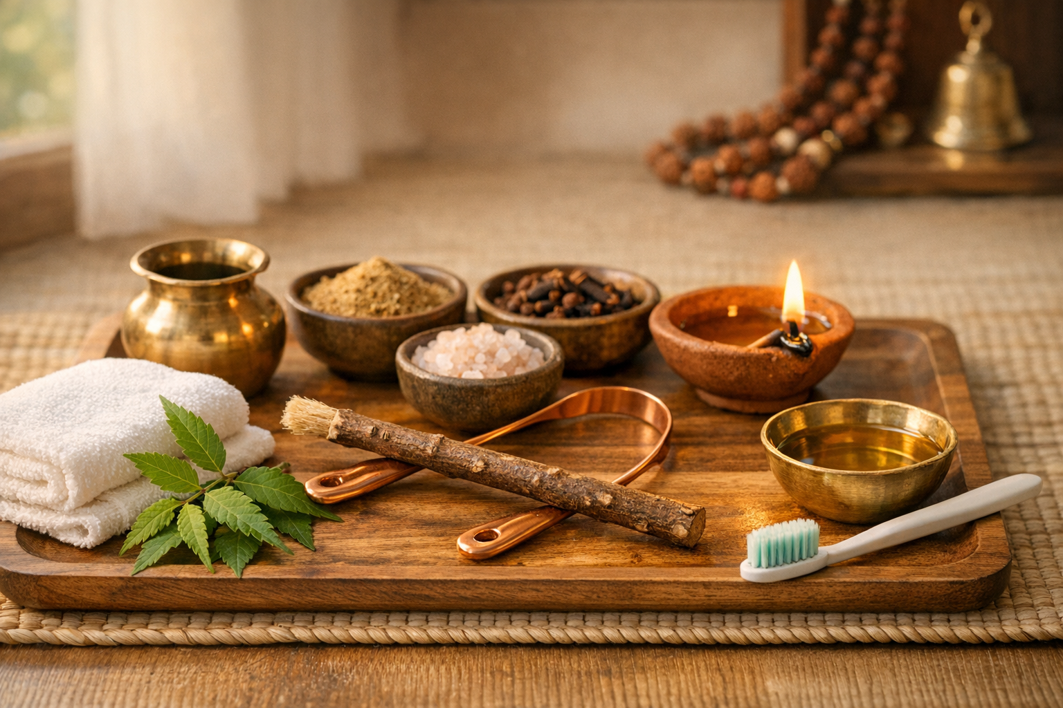 Wooden tray with Ayurvedic oral care essentials: copper tongue scraper, miswak twig, neem leaves, bowls of rock salt, cloves, and herbal powder, brass oil cup, lit diya, folded towel, and a toothbrush.