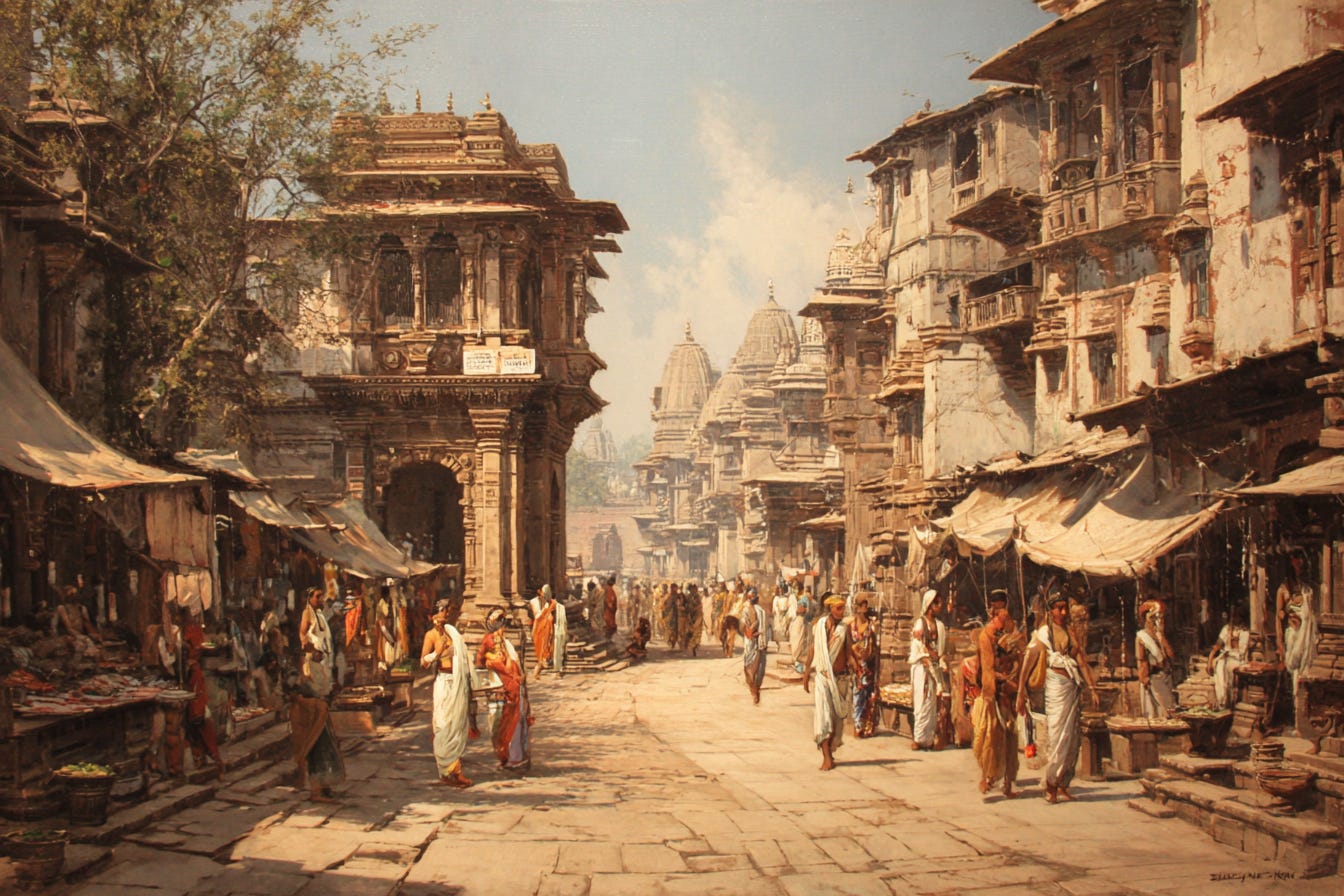 Temple-lined street in an ancient Indian city with a stone gateway, crowded bazaar stalls, and figures in draped garments; detailed painting that evokes the setting of classical Sanskrit drama.