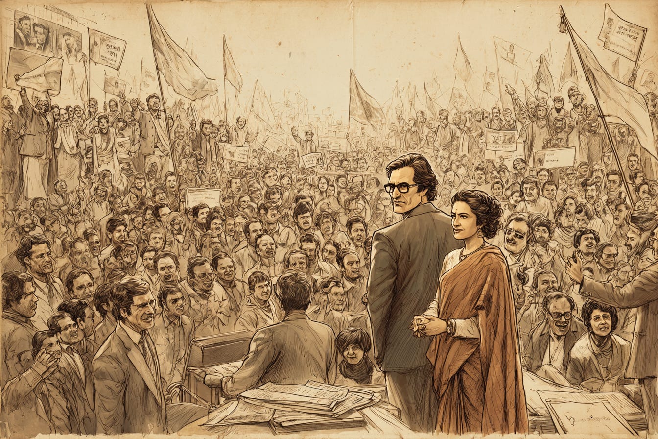 Sepia-toned illustration of an Indian protest rally; a bespectacled man and a woman in a sari face an official at a paper-strewn desk, evoking the 1975 Emergency and a Sanskrit political drama.