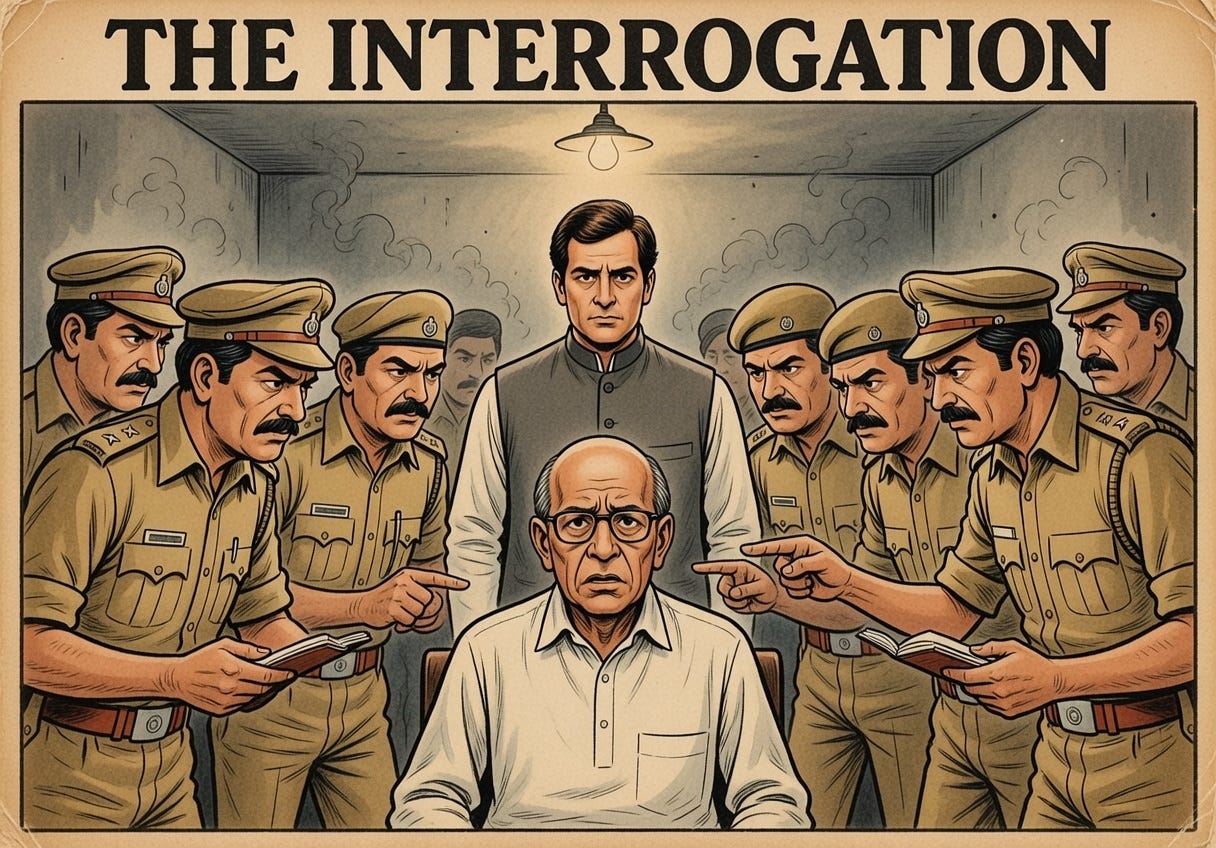 Illustrated scene of a tense interrogation: an elderly man sits under a bare bulb as multiple uniformed officers surround and point, evoking state repression in India; title reads 'The Interrogation'.