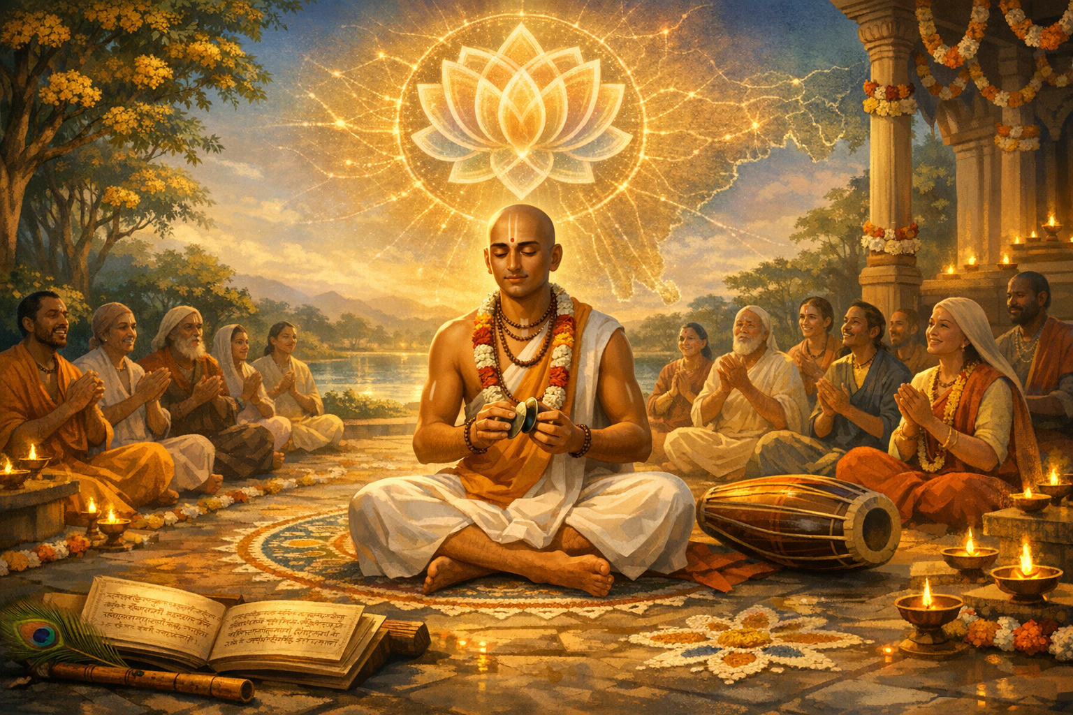 Riverside kirtan at dusk: a monk plays hand cymbals as devotees clap among oil lamps and marigolds; a mridangam and Sanskrit text rest beneath a glowing lotus mandala; {post.categories}