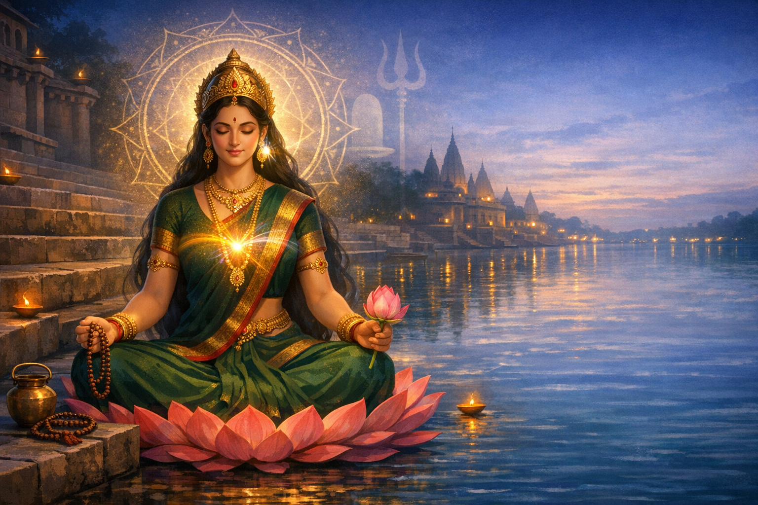 Illustrated Hindu goddess meditating on a pink lotus by riverside ghats at dusk, in a green sari with gold jewelry and mala; a mandala halo glows as diyas and temple spires reflect on the water.