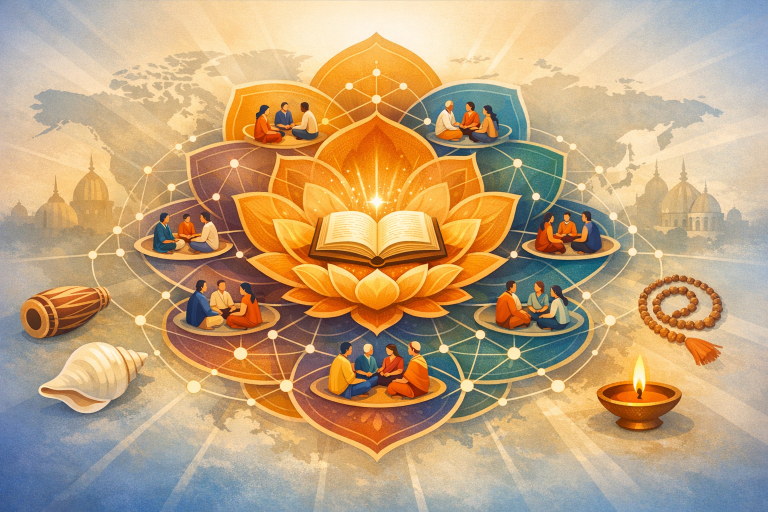 Illustrated lotus with a glowing open scripture at center, with small satsang groups linked across a world map; mridanga, conch, japa mala, and a diya symbolize bhakti, kirtan, and meditation.