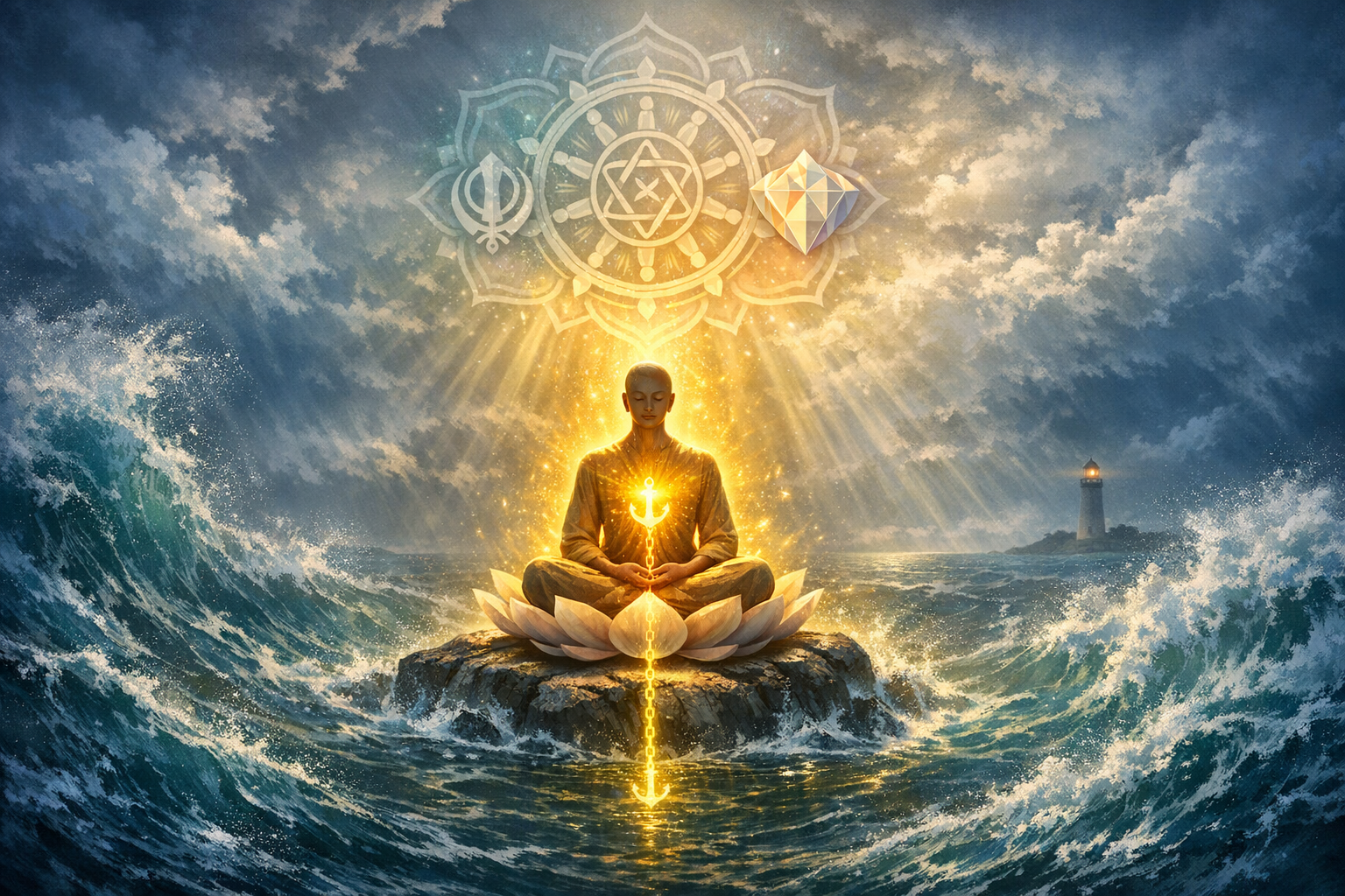 Golden-lit figure meditating on a lotus atop a rock amid stormy seas; sunbeams reveal a mandala of interfaith symbols above, a radiant anchor aligns the body, and a lighthouse glows on the horizon.