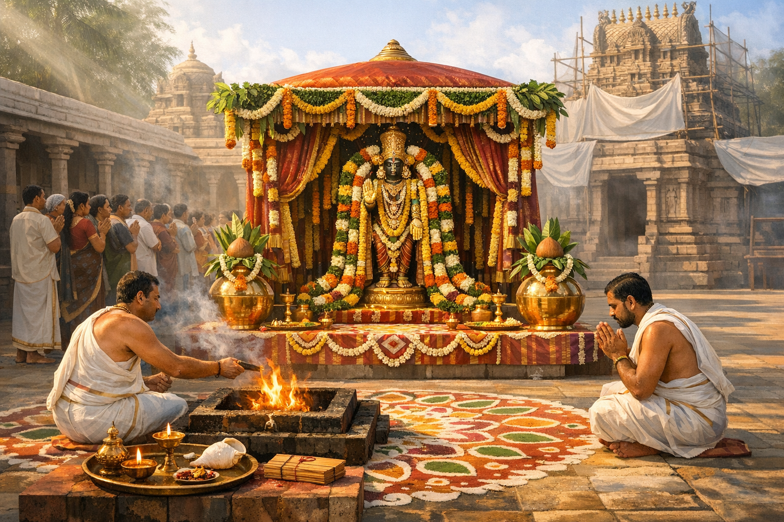 South Indian Hindu temple ritual: priests perform a sacred fire puja before a garlanded deity under a canopy, with rangoli, brass lamps, and devotees praying in a courtyard amid incense, dawn light.