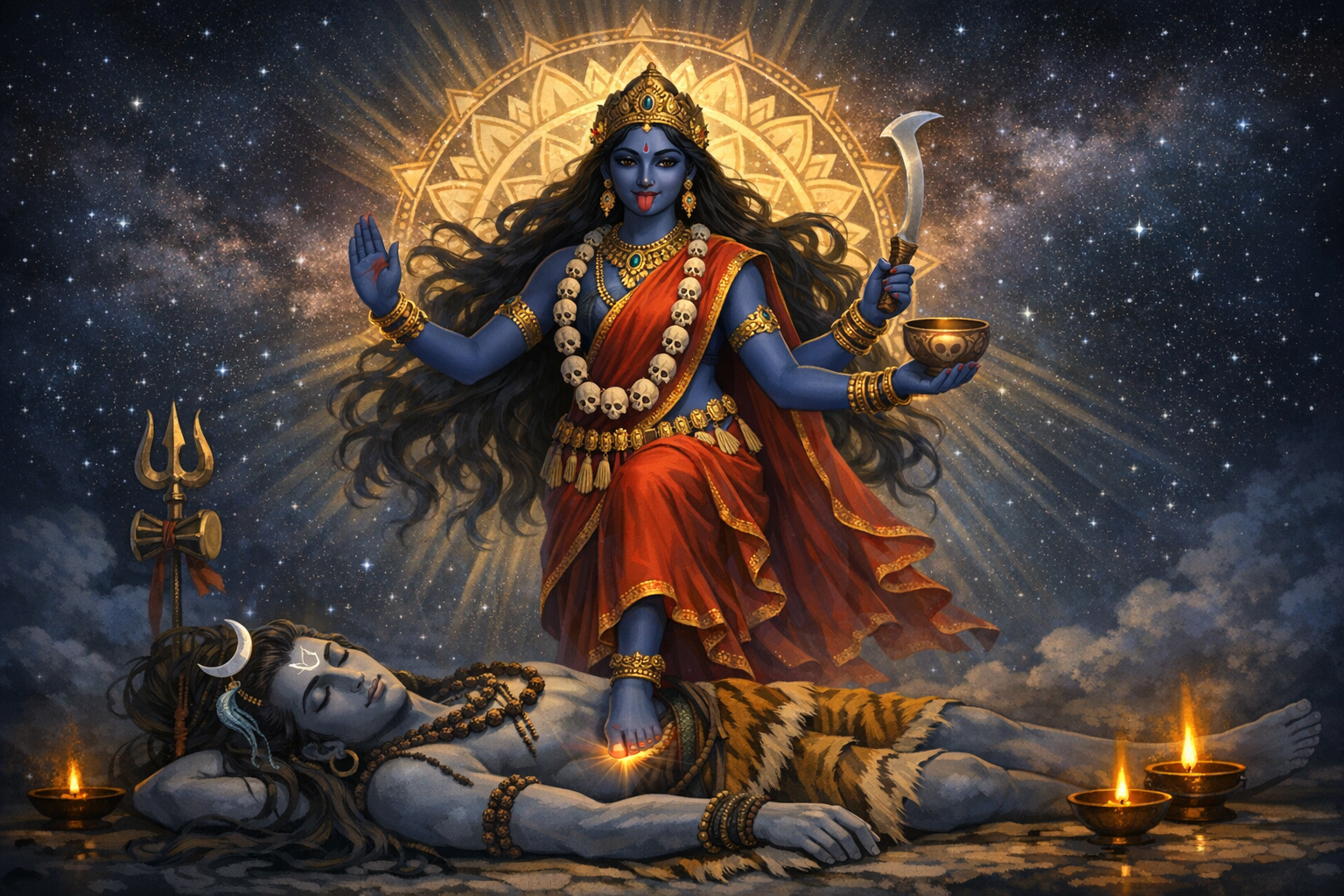 Digital illustration of Goddess Kali, blue-skinned in a red sari, holding a curved sword and ritual bowl, standing on Shiva beneath a radiant mandala, with trident and oil lamps against a starry sky.