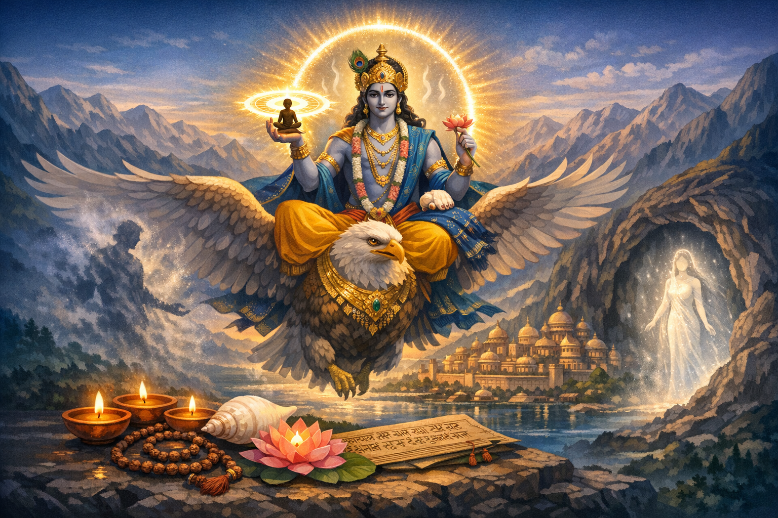 Illustration of Vishnu riding Garuda above a mountain lake, haloed, holding a lotus and glowing chakra; diyas, conch, mala, and Sanskrit scripture on a ledge; a radiant woman emerges from a cave.