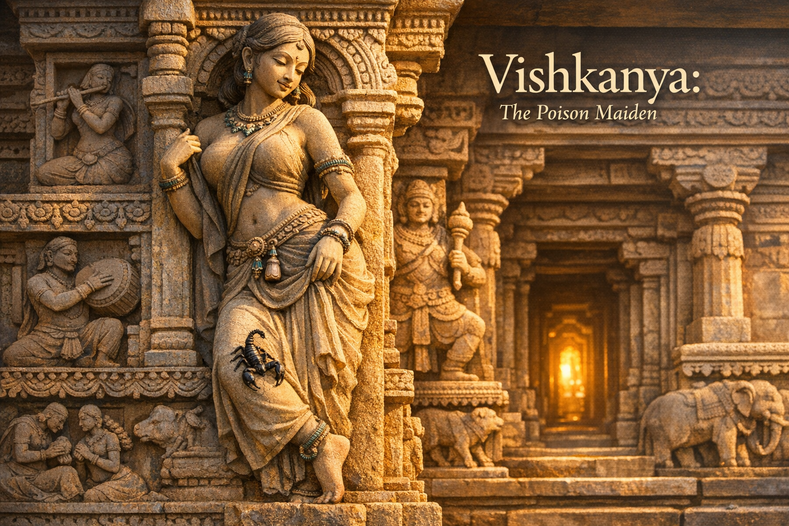 Stone temple relief shows a jeweled Vishkanya-like maiden leaning from a pillar, a black scorpion on her draped skirt; carvings include musicians, warriors, elephants, and a long corridor.