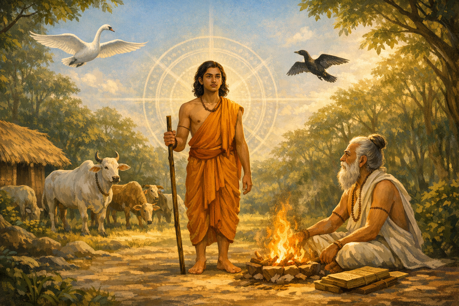 Painting of a young monk with a staff standing center, an elderly sage seated by a small campfire at right, cows and a thatched hut at left, with a swan and a crow overhead in a forest ashram.