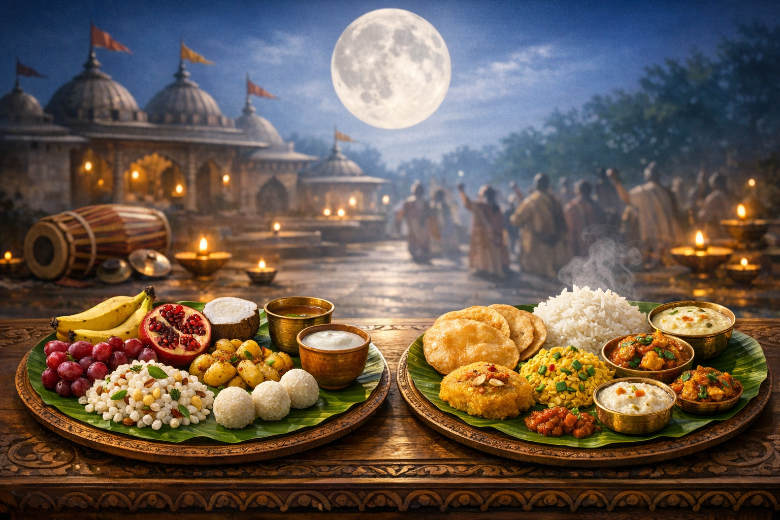 Two banana-leaf thalis of Indian vegetarian dishes: fruits, puffed rice, sabudana, aloo, coconut laddus, puris, rice and mild curries on an ornate table before a lamp-lit temple under a full moon.