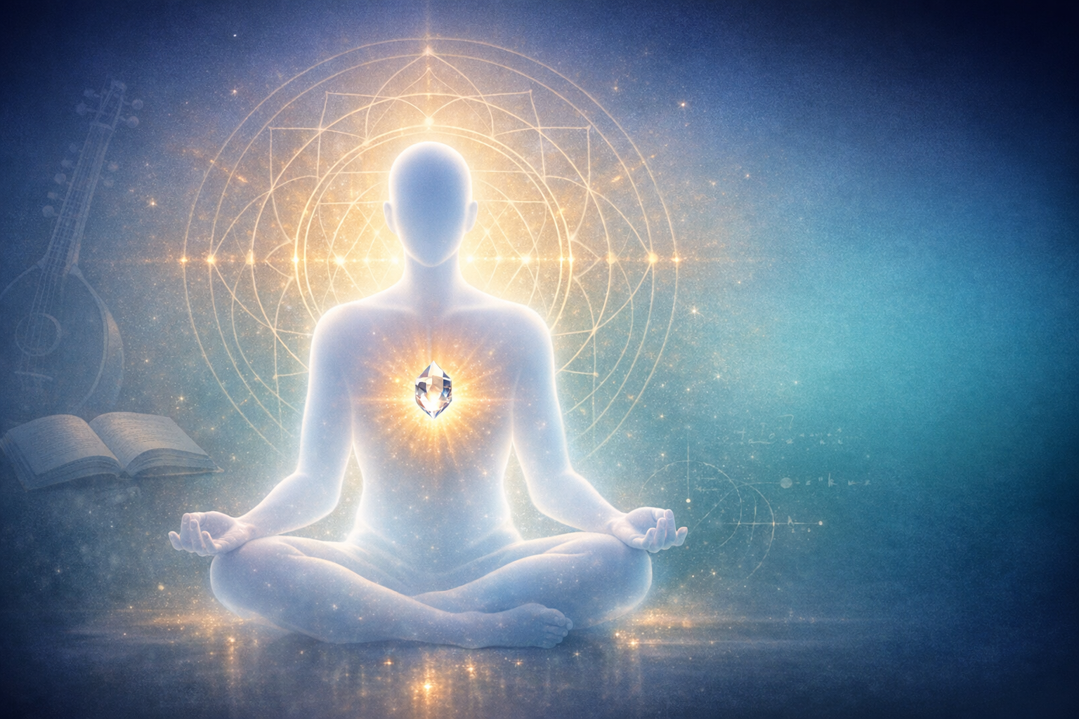 Glowing human silhouette meditating in lotus pose, radiant crystal at heart center amid sacred geometry, symbolizing mindfulness, meditation, chakra alignment, spiritual awakening and healing.