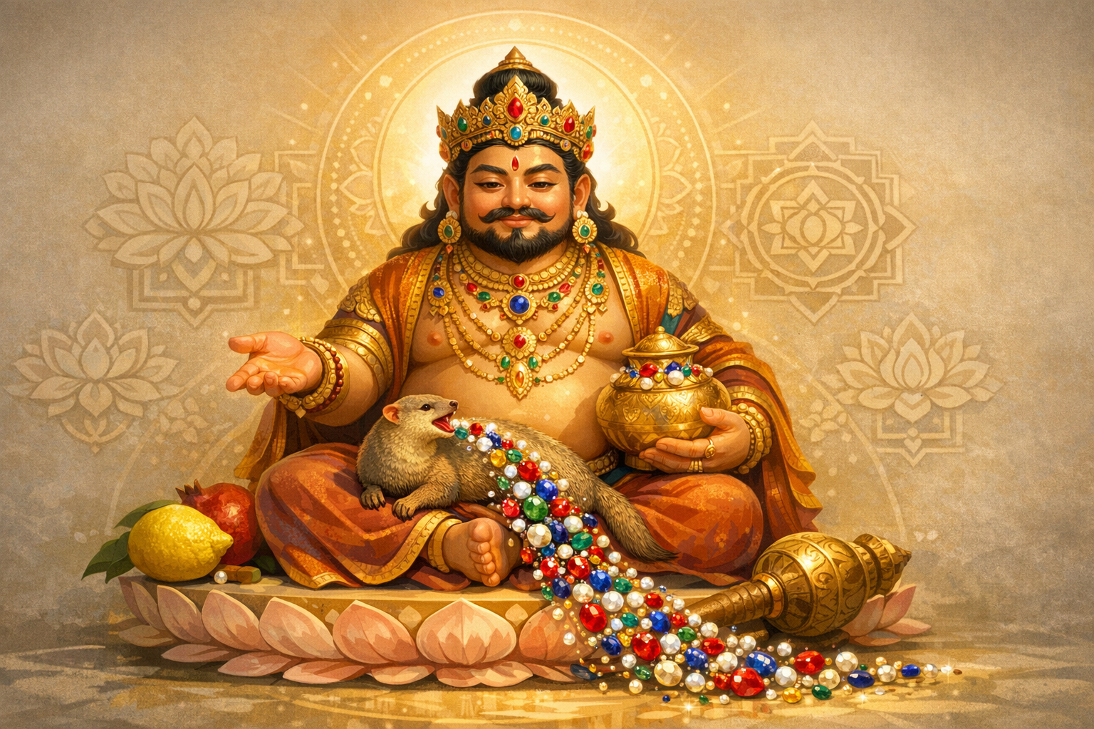 Illustration of the Hindu god of wealth Kubera seated on a lotus, crowned and bejeweled, holding a golden pot as a mongoose spills colorful gems, with lotus mandala motifs and fruits beside him.