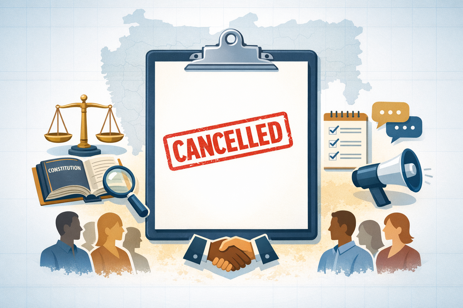 Clipboard with bold CANCELLED stamp, flanked by justice scales, an open constitution, magnifying glass, checklist, megaphone, and diverse citizens, illustrating a cancelled government policy or bill.