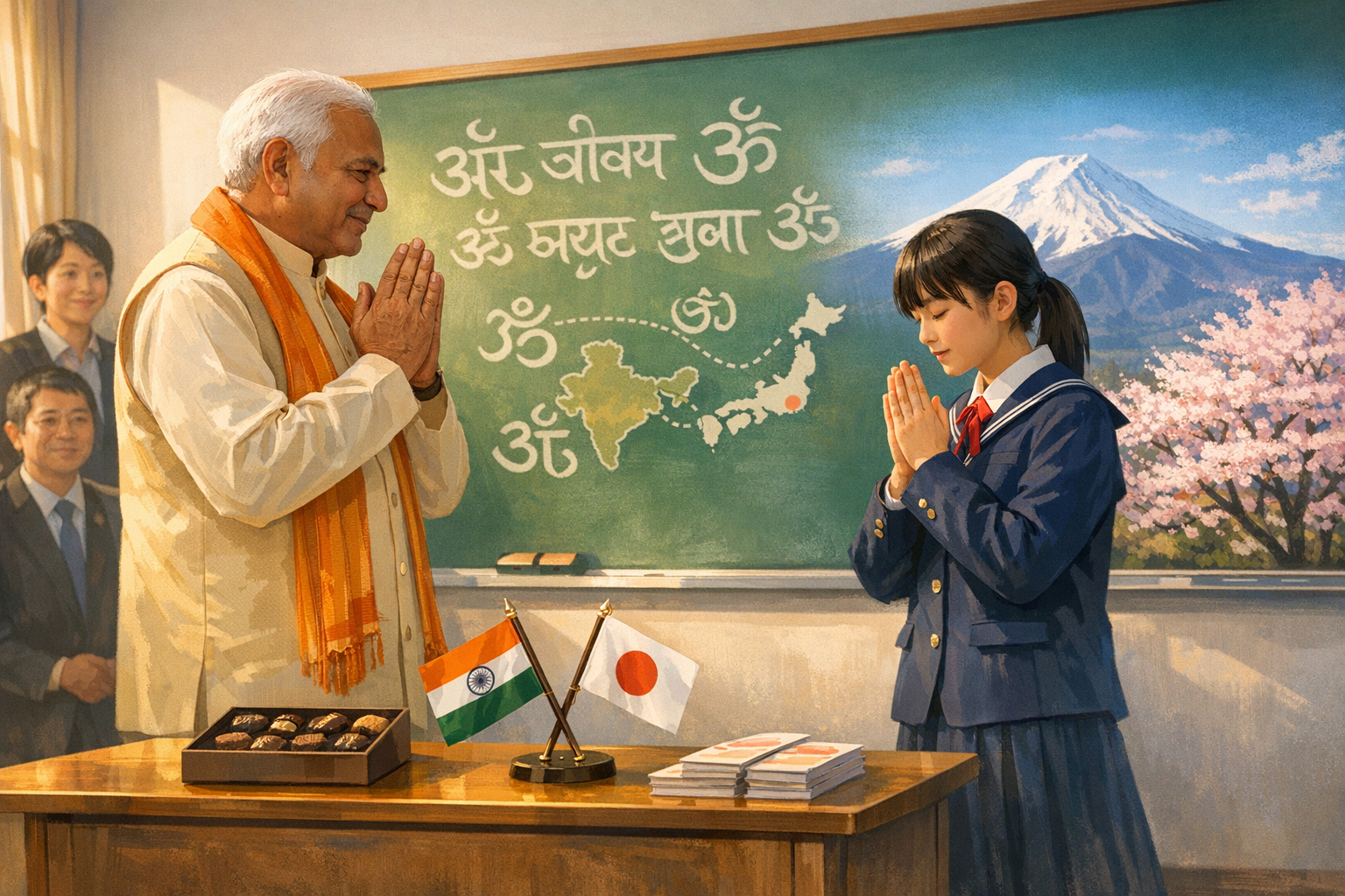 An elder in traditional Indian attire and a student in a school uniform share a namaste; India-Japan flags, chalkboard maps, Om in Devanagari, and Mount Fuji evoke cross-cultural education.