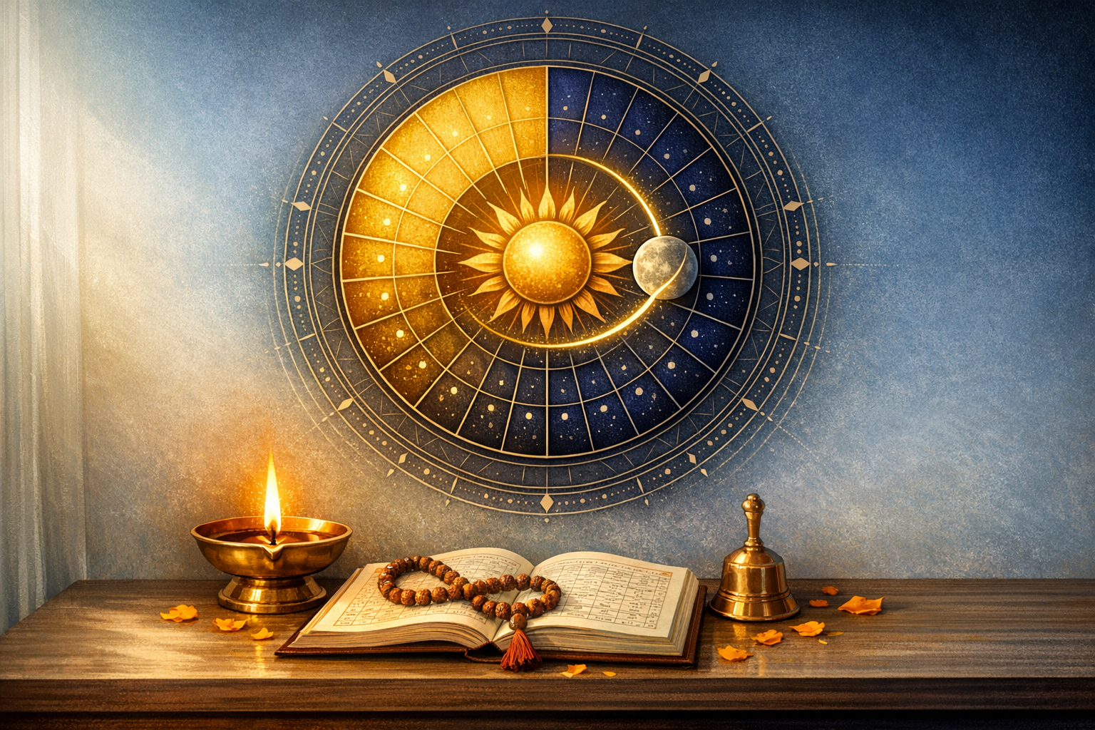 Astrology wheel showing sun and moon on a blue wall above a wooden altar with a lit oil lamp, open almanac, mala beads, and brass bell, evoking Vedic astrology, lunar calendar, and rituals.