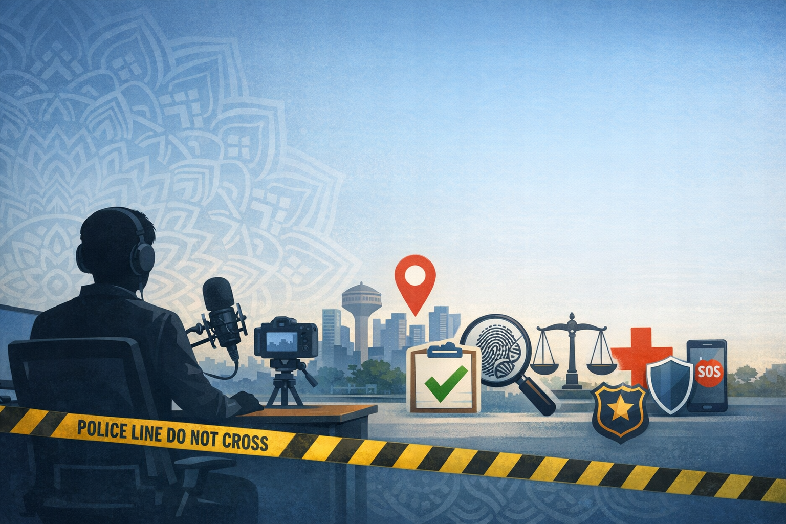 Silhouette of a podcaster with mic and camera facing a city skyline behind police tape, icons for location, fingerprint, justice scales, and SOS—public safety, law enforcement, emergency response.