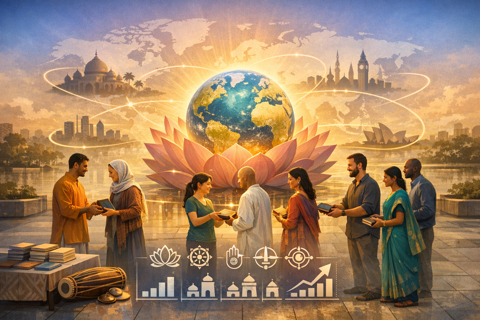 Illustration of diverse people exchanging books as a glowing globe rises from a lotus, with world landmarks and growth icons, reflecting interfaith dialogue, culture, and global cooperation.