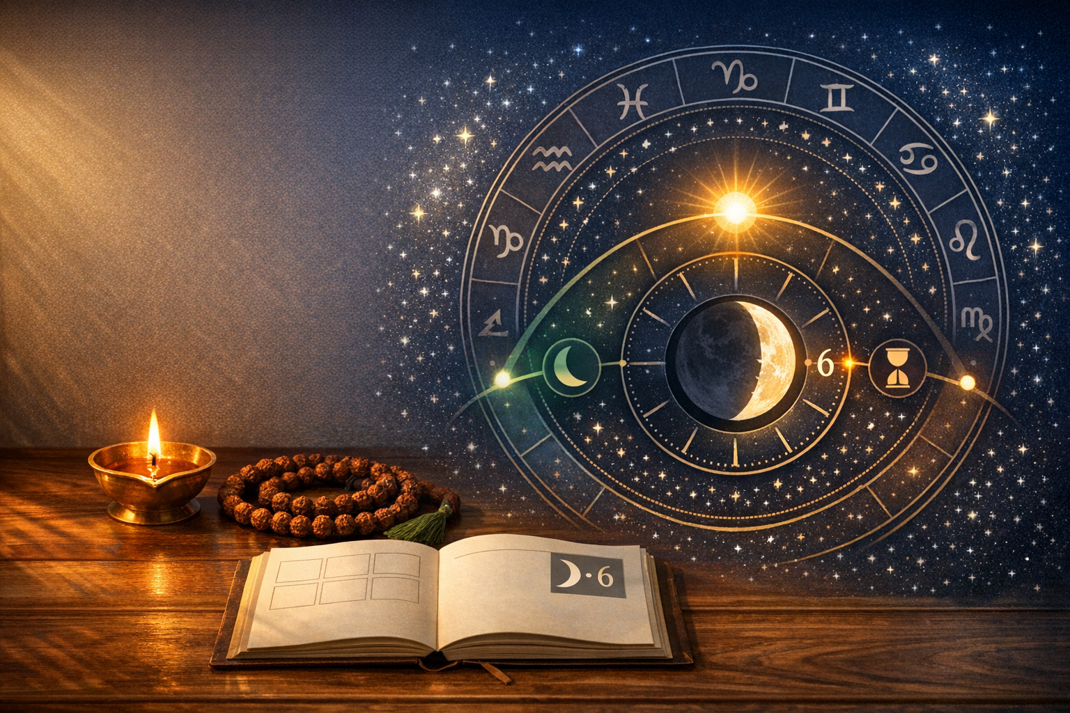 Wooden table with lit brass candle, prayer beads, and an open journal before a glowing zodiac wheel and crescent moon in a starry sky, illustrating astrology, horoscopes, lunar cycle, and zodiac signs.