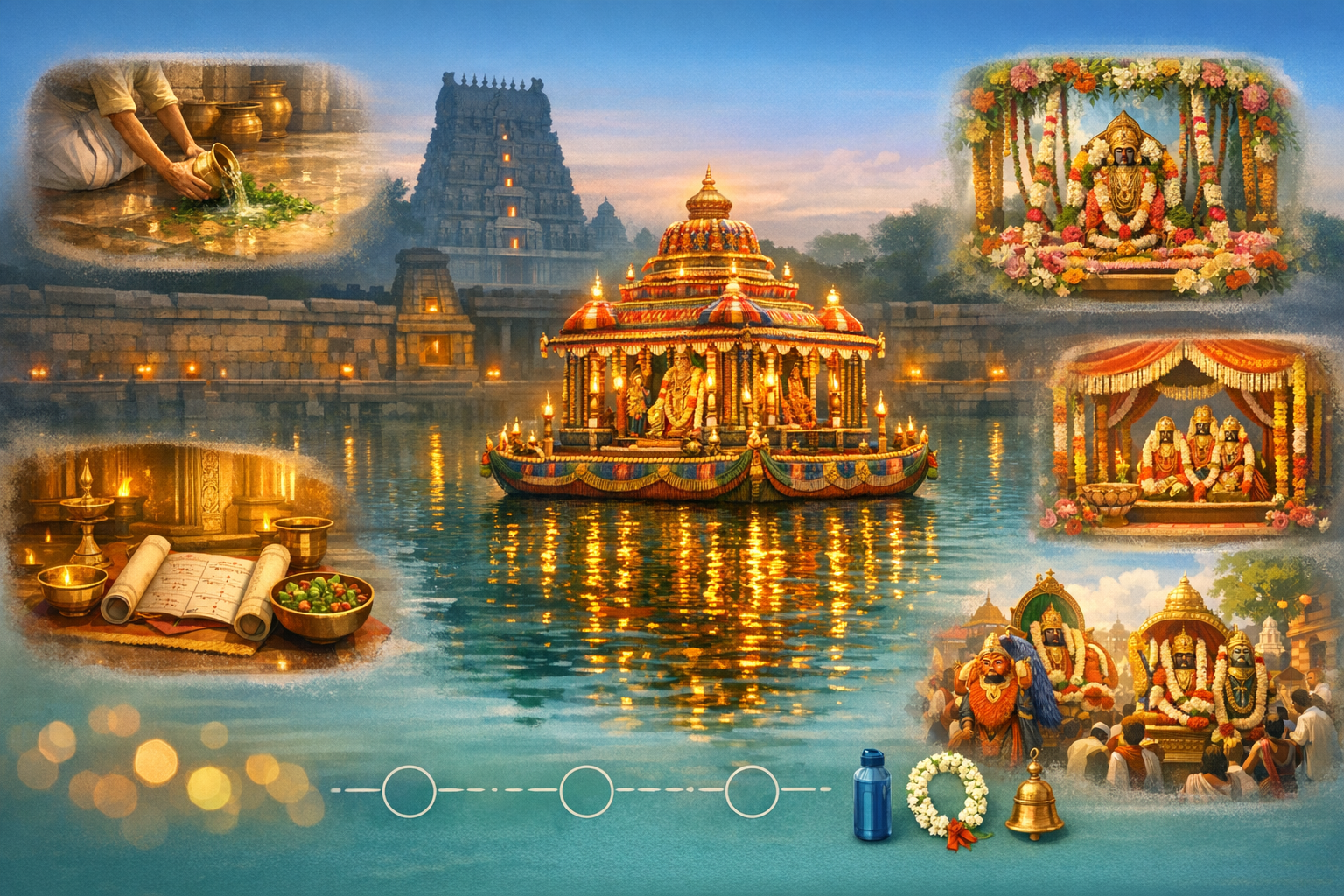 Illuminated temple float carrying deities glides across a sacred tank at dusk, with gopuram backdrop, flower-garlanded shrines, ritual items, and devotees—South Indian Hindu float festival.