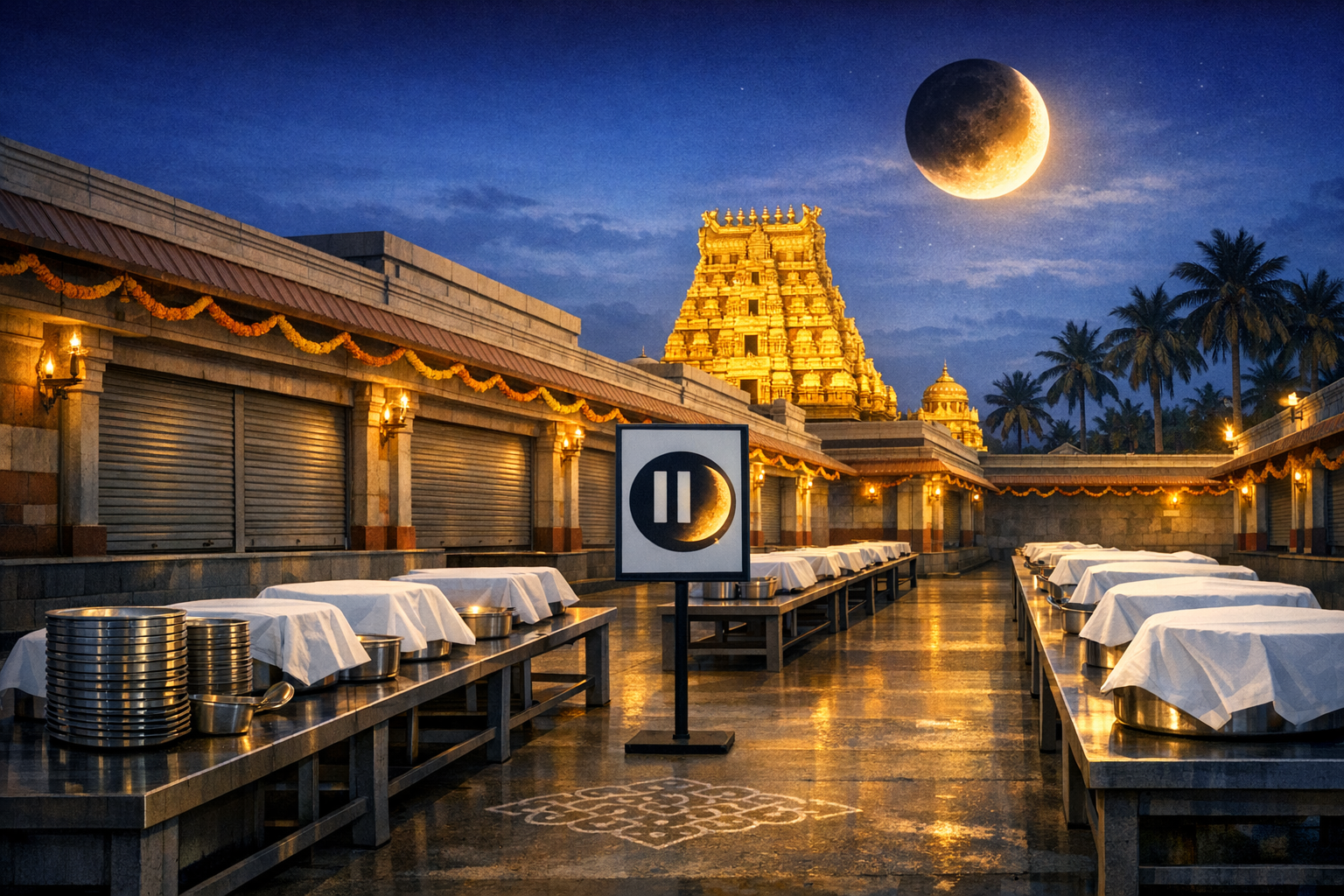 Indian Hindu temple courtyard at dusk with golden gopuram, covered temple kitchen counters and stacked steel plates. A pause icon sign stands central as a lunar eclipse rises above palm trees.