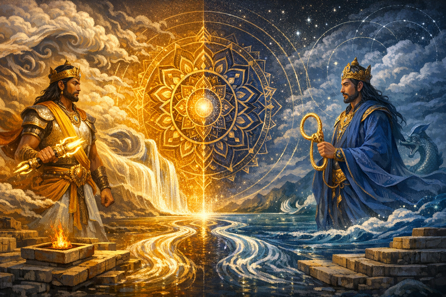 Indra and Varuna’s Celestial Rivalry: Vedic Kingship, Cosmic Law, and the Battle for Order