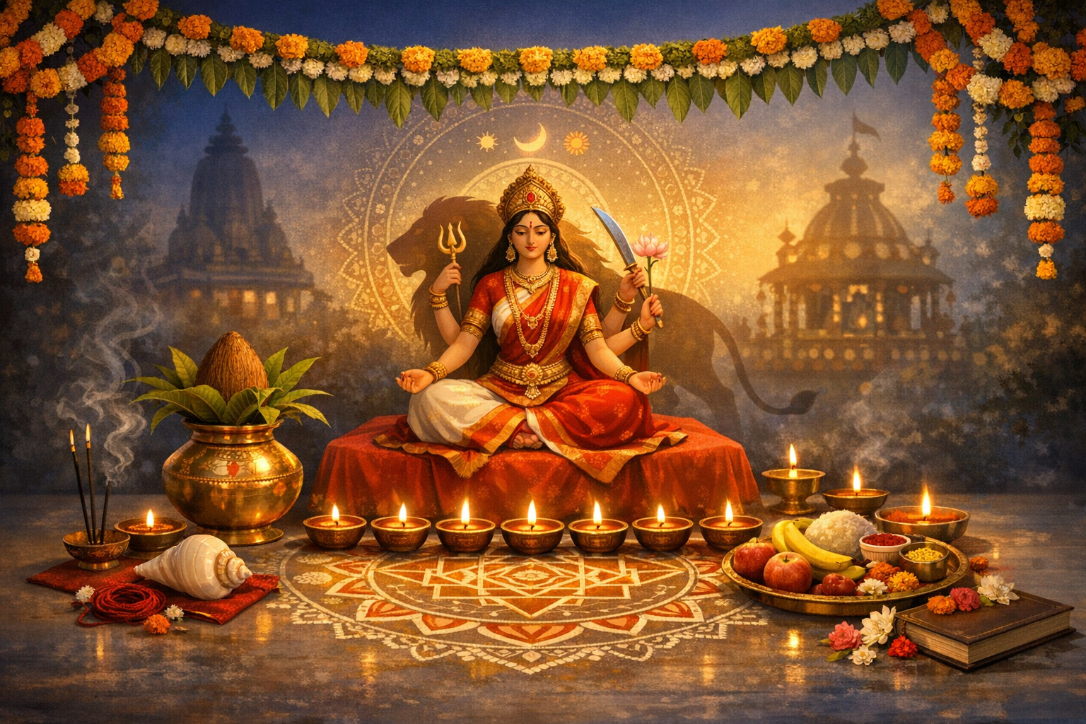 Navratri altar depicting Goddess Durga seated on a red dais, surrounded by oil lamps, rangoli, kalash with coconut, incense, prasad, and marigold garlands, with lion silhouette and temple backdrop.