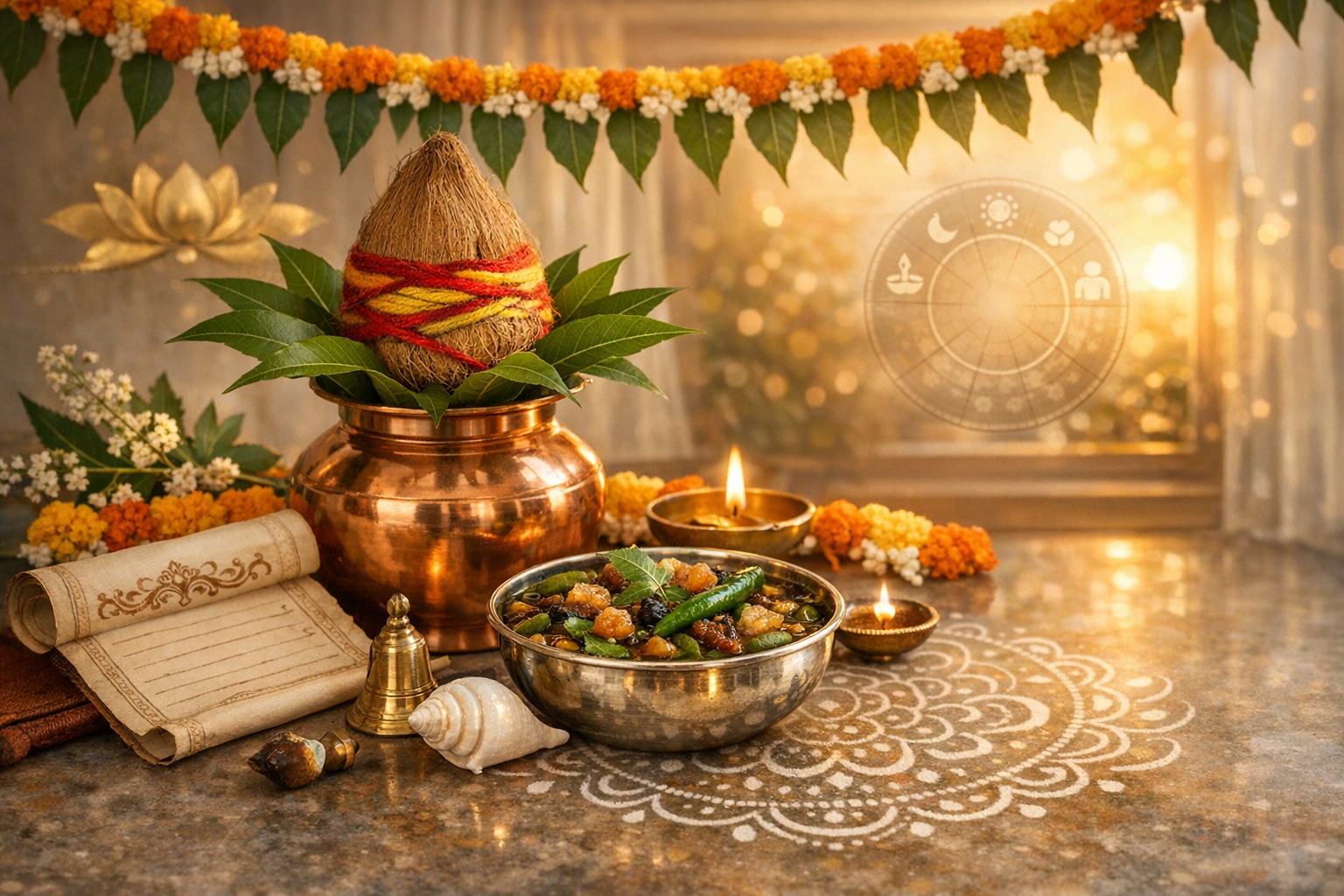 Copper kalash topped with coconut and mango leaves beside a brass bowl of Ugadi or Gudi Padwa pachadi, glowing diyas, marigold and mango-leaf garlands, conch and bell on a rangoli-adorned altar.
