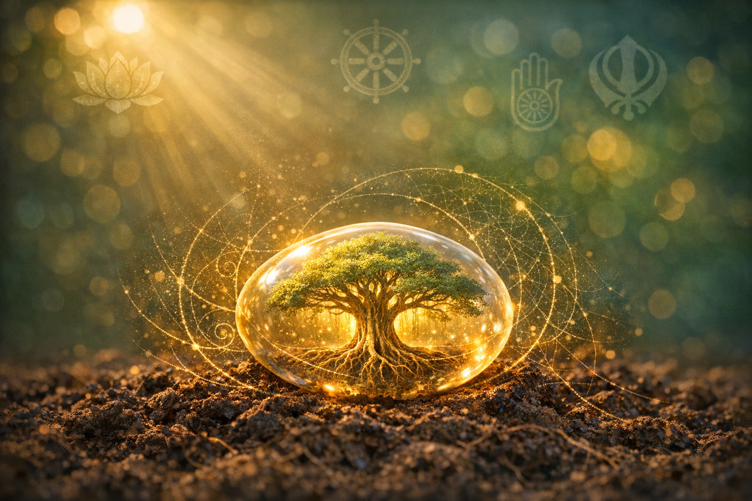 Illustration of a glowing seed-like glass orb on soil holding a radiant tree with roots, encircled by golden sacred-geometry spirals and sunbeams, with faint interfaith symbols above in a green haze.