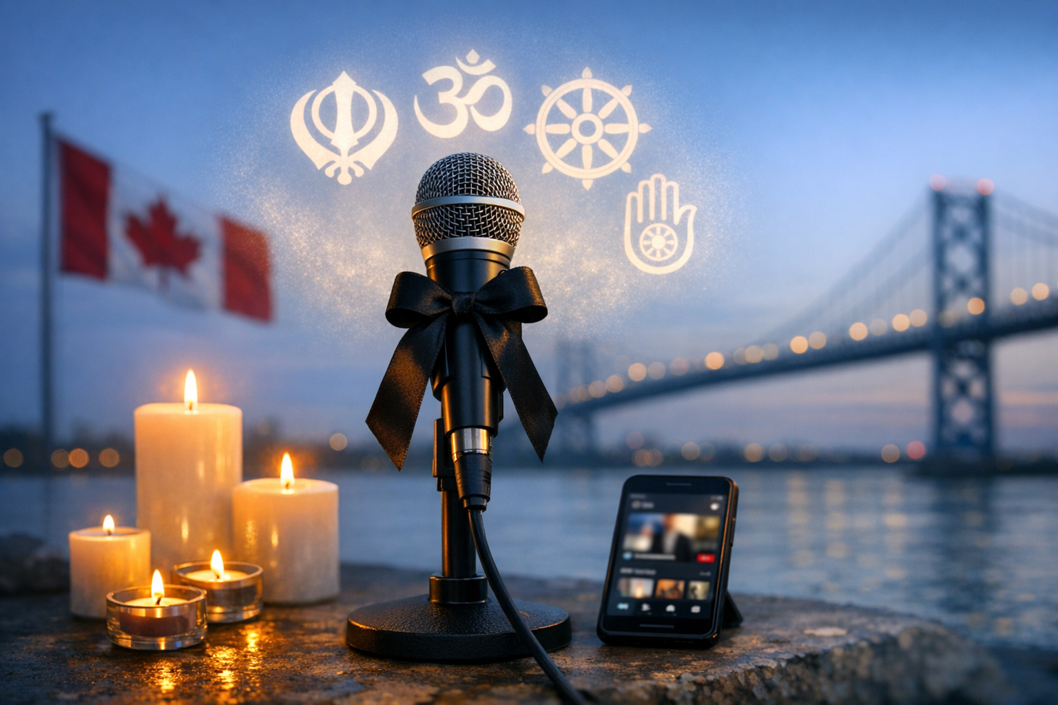 Microphone with a black ribbon beside lit candles and a streaming phone on a Canadian waterfront, under glowing symbols of Sikhism, Hinduism, Buddhism, and Jainism at dusk.