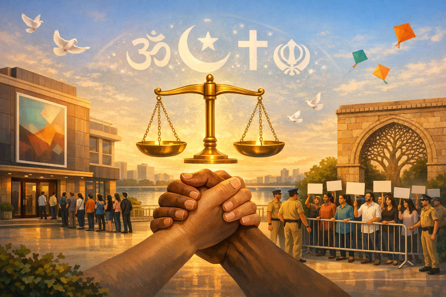 Clasped hands beneath golden scales of justice, with Hindu, Islamic, Christian and Sikh symbols overhead; doves and protesters by a waterfront city in India, signaling secularism and rule of law.