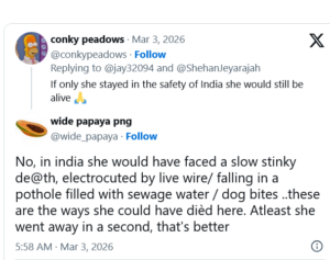 Screenshot of two X posts debating safety after the UT Austin 6th Street mass shooting; users contrast India vs the US and reference victims and the Austin mass shooter in ongoing news updates.