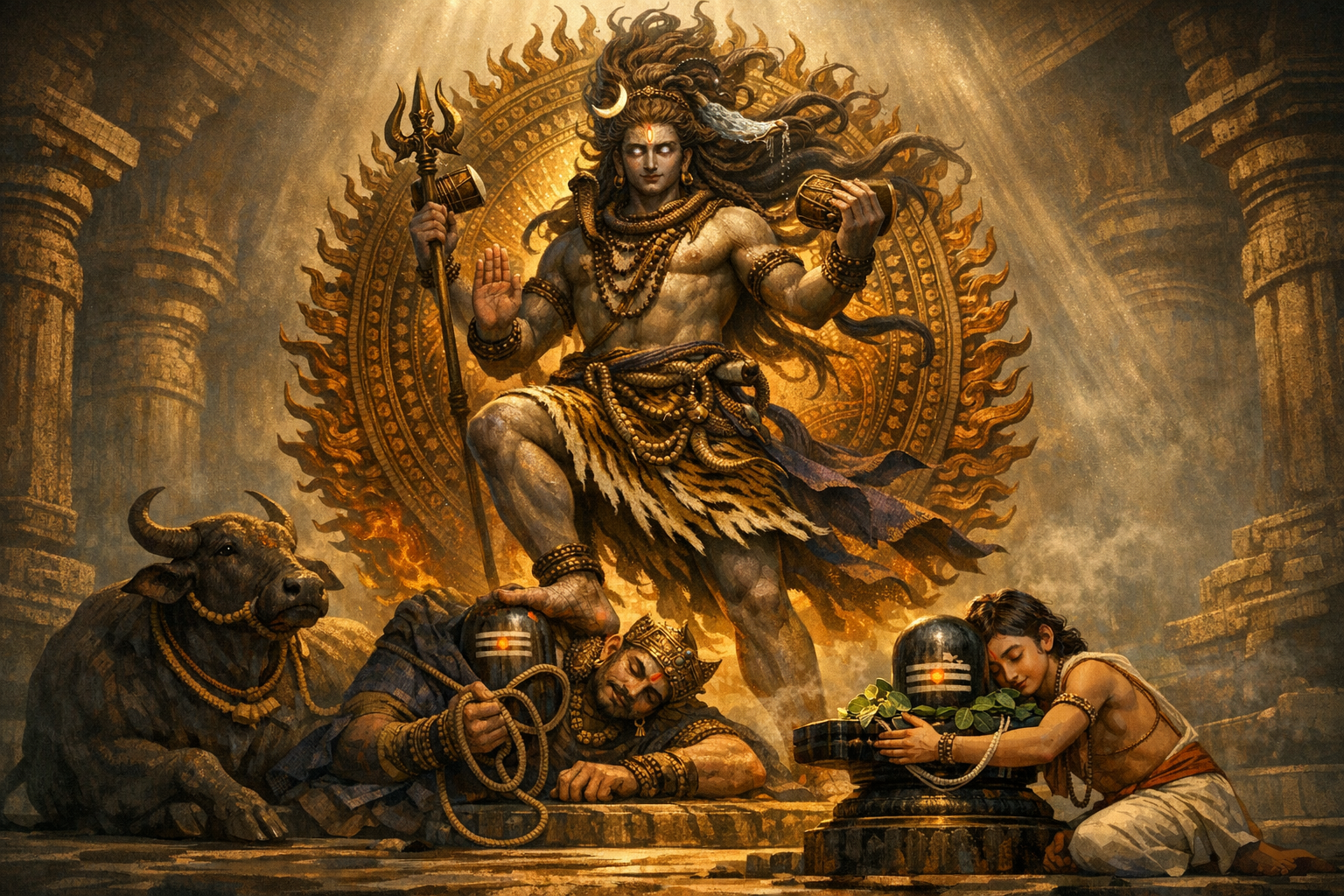 Epic depiction of Lord Shiva as Nataraja dancing within a flaming halo, trident and damaru in hand, with Nandi and a devotee worshipping a Shiva Lingam inside an ancient stone temple.