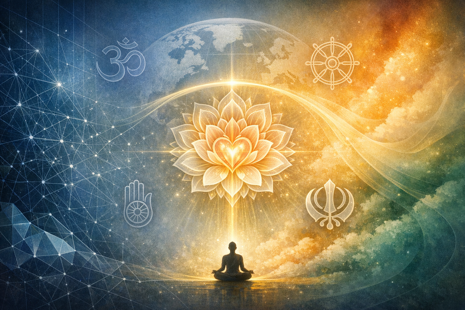Cosmic artwork of a seated meditator beneath a glowing lotus, with interfaith symbols (Om, Dharma Wheel, Jain hand, Khanda) around a world map, evoking unity, mindfulness, spirituality.