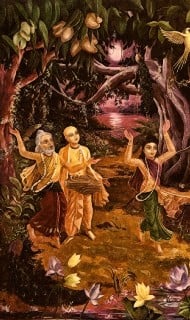 Painting of three robed figures dancing on a moonlit forest path, one playing a hand drum, near a lotus pond and birds, evoking mantra-like repetition, affirmation, and emotional contagion.