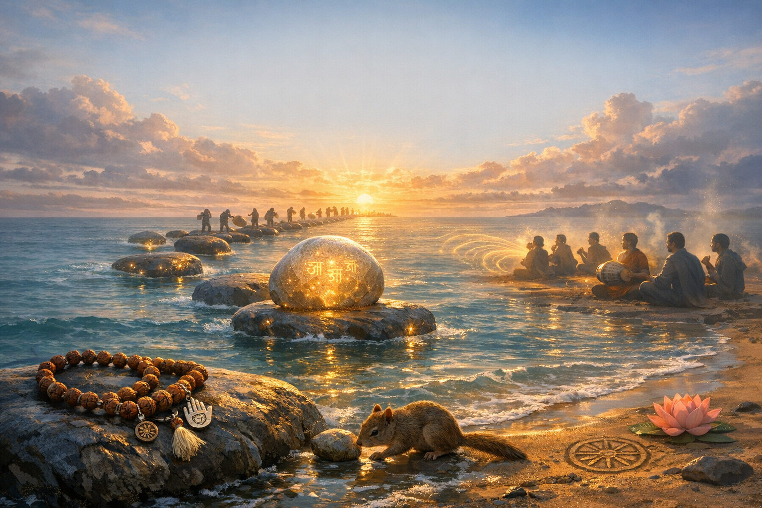 Sunrise seascape with a glowing stone inscribed with Sanskrit Om, a stepping stone path over water, people chanting with a drum on shore, rudraksha mala and lotus in the foreground.
