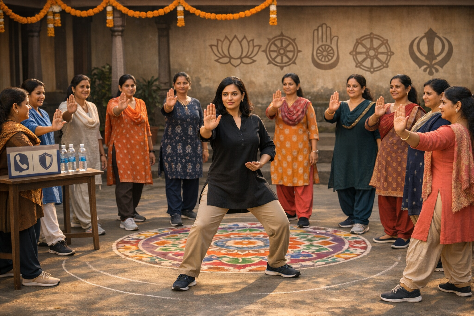 Women practice a self-defense stance in a courtyard, led by an instructor near a colorful rangoli and a table with water bottles, reflecting a community safety and empowerment workshop.