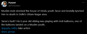 Screenshot of a tweet alleging a Muslim mob killed a Hindu youth in Delhi's Uttam Nagar after a Holi balloon incident, naming Tarun and urging officials to take action.