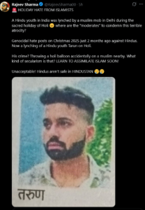 Screenshot of a social media post alleging a Hindu man was killed in Delhi after a Holi incident; the post shows a portrait of a young bearded man with Devanagari text reading 'तरुण' beneath.