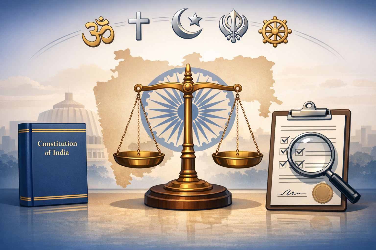 Illustration of golden scales before a map of India and the Ashoka Chakra, beside a Constitution of India book and a checklist under a magnifying glass; faith symbols above signal secular law.