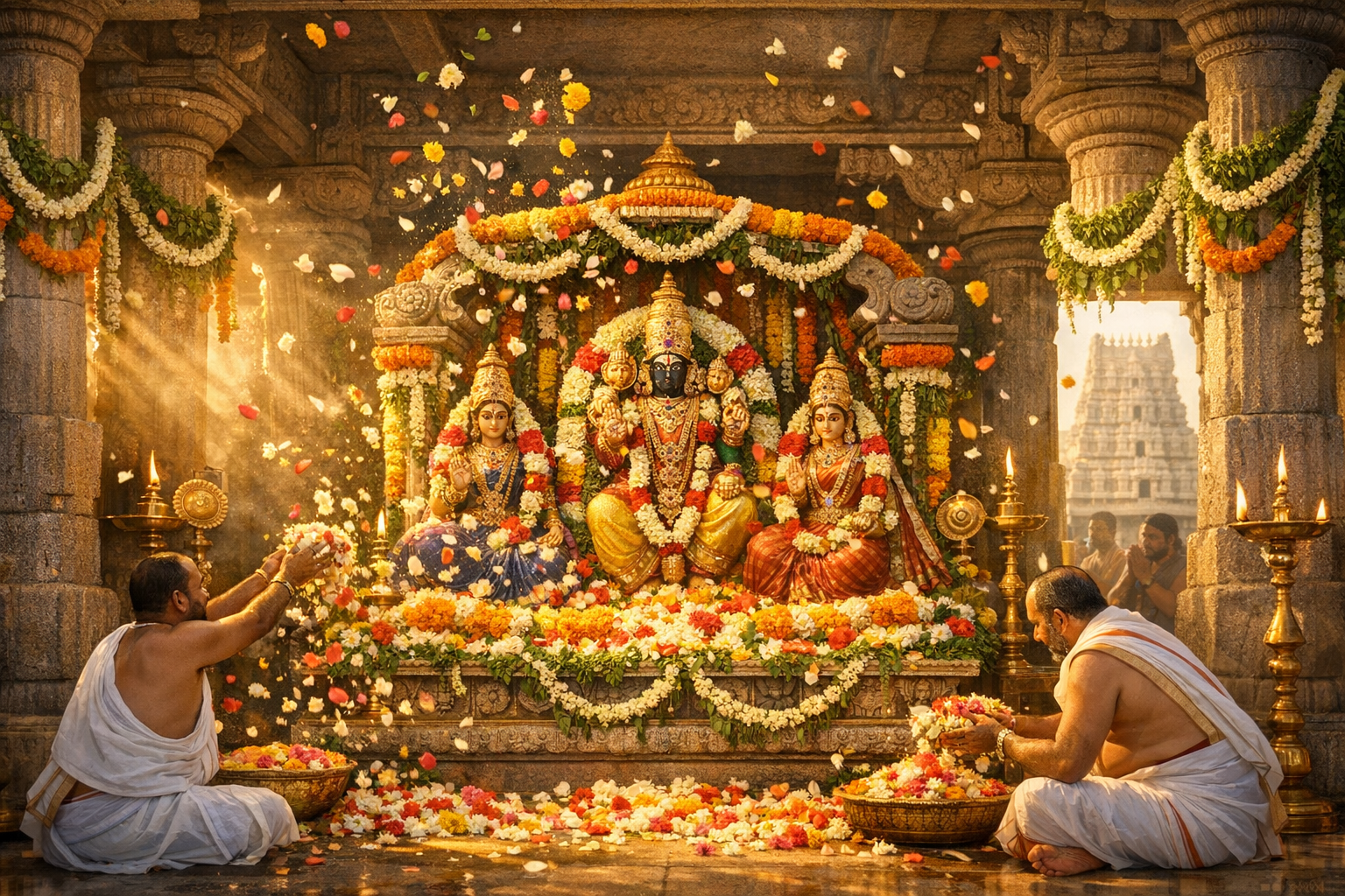 Priests in white dhotis shower petals before adorned Hindu deities in a South Indian temple, as marigold garlands, brass lamps, and sunbeams illuminate the altar during a festival puja.
