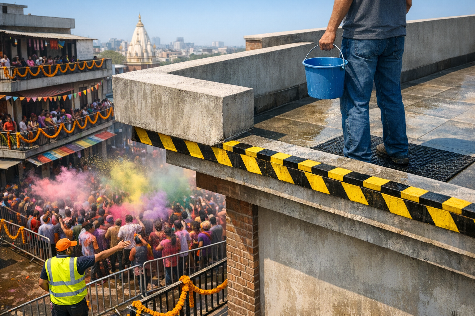 Rooftop view of a crowded Holi festival; clouds of pink, yellow, and green powder rise as a person with a blue bucket stands near a safety-striped ledge beside garlanded balconies and a temple spire.