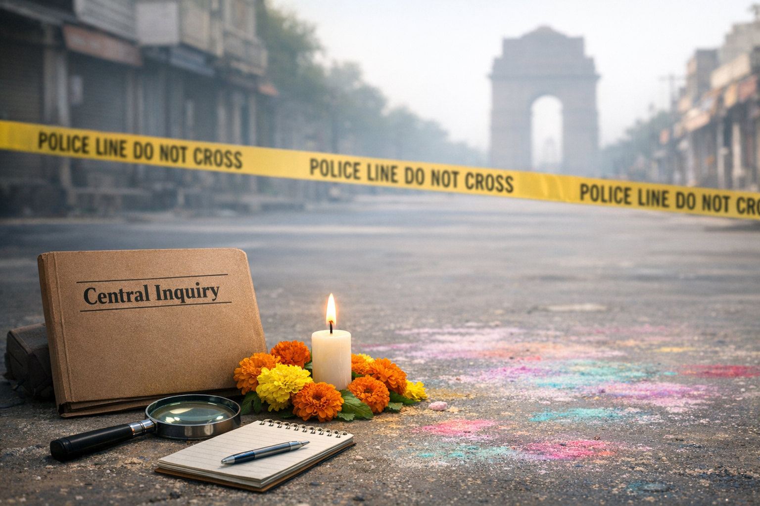 Memorial candle and marigolds beside a 'Central Inquiry' file, magnifier, notepad, and pen on a taped-off street; India Gate in the distance and powder on the road hint at a police investigation.
