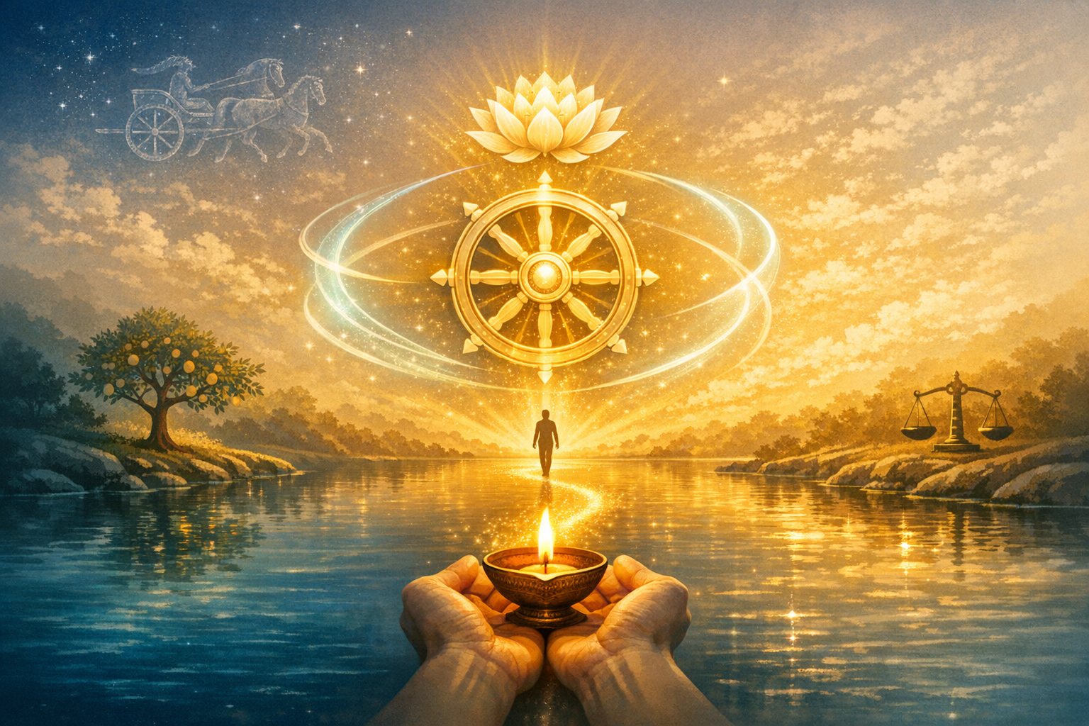 Golden dharma wheel and lotus glow above a river, as hands offer a diya and a lone figure walks a luminous path; scales of justice, a fruiting tree, and a chariot symbolize karma and mindfulness.