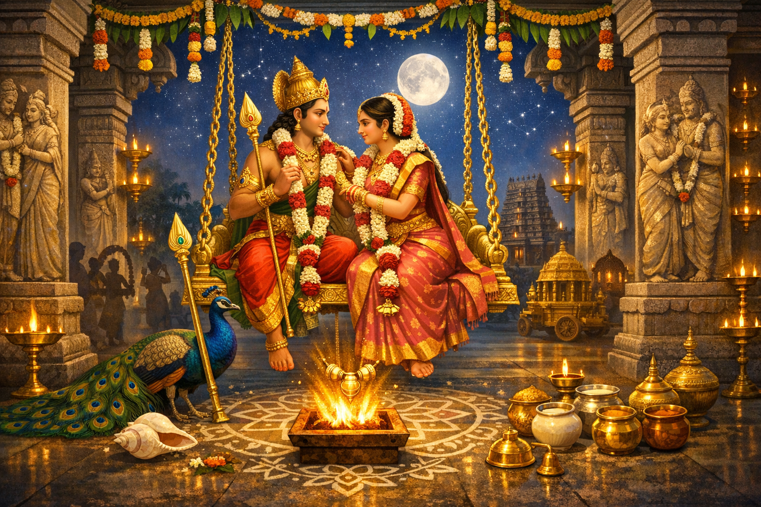 South Indian Hindu wedding scene: a couple in red silk sit on a golden swing inside a temple as oil lamps glow; marigold garlands, a peacock, and a homa over a kolam complete the moonlit scene.