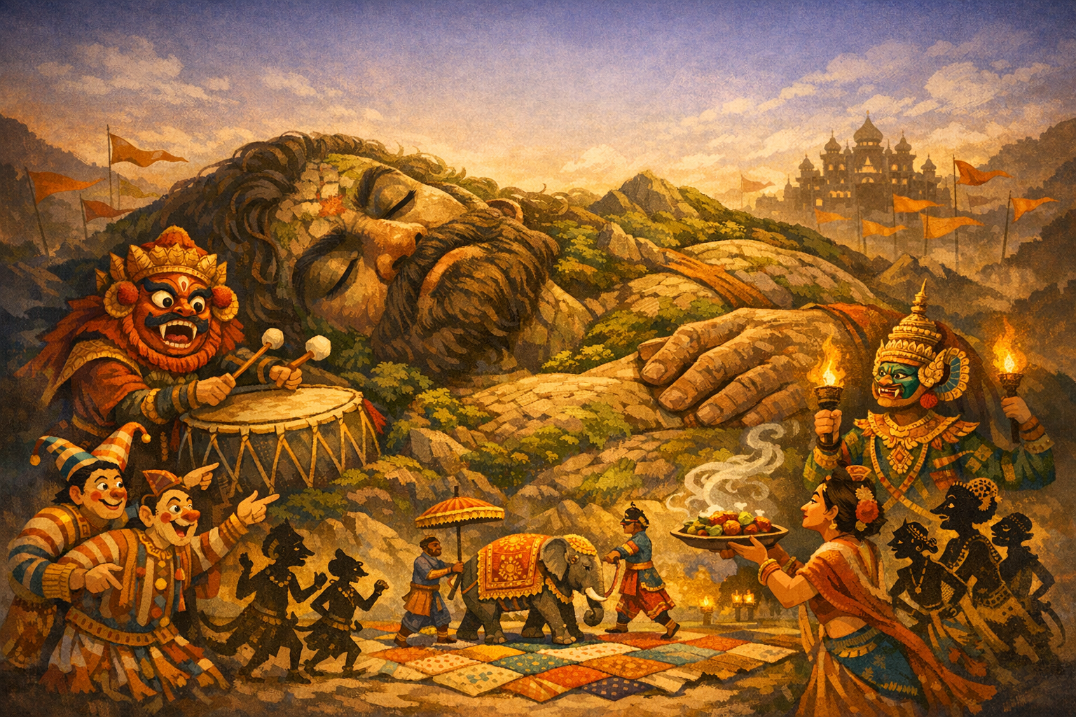 Vibrant illustration of a village festival around a sleeping mountain-shaped giant; masked drummers, torchbearers, dancers, and a decorated elephant pass beneath a distant hilltop palace at dusk.