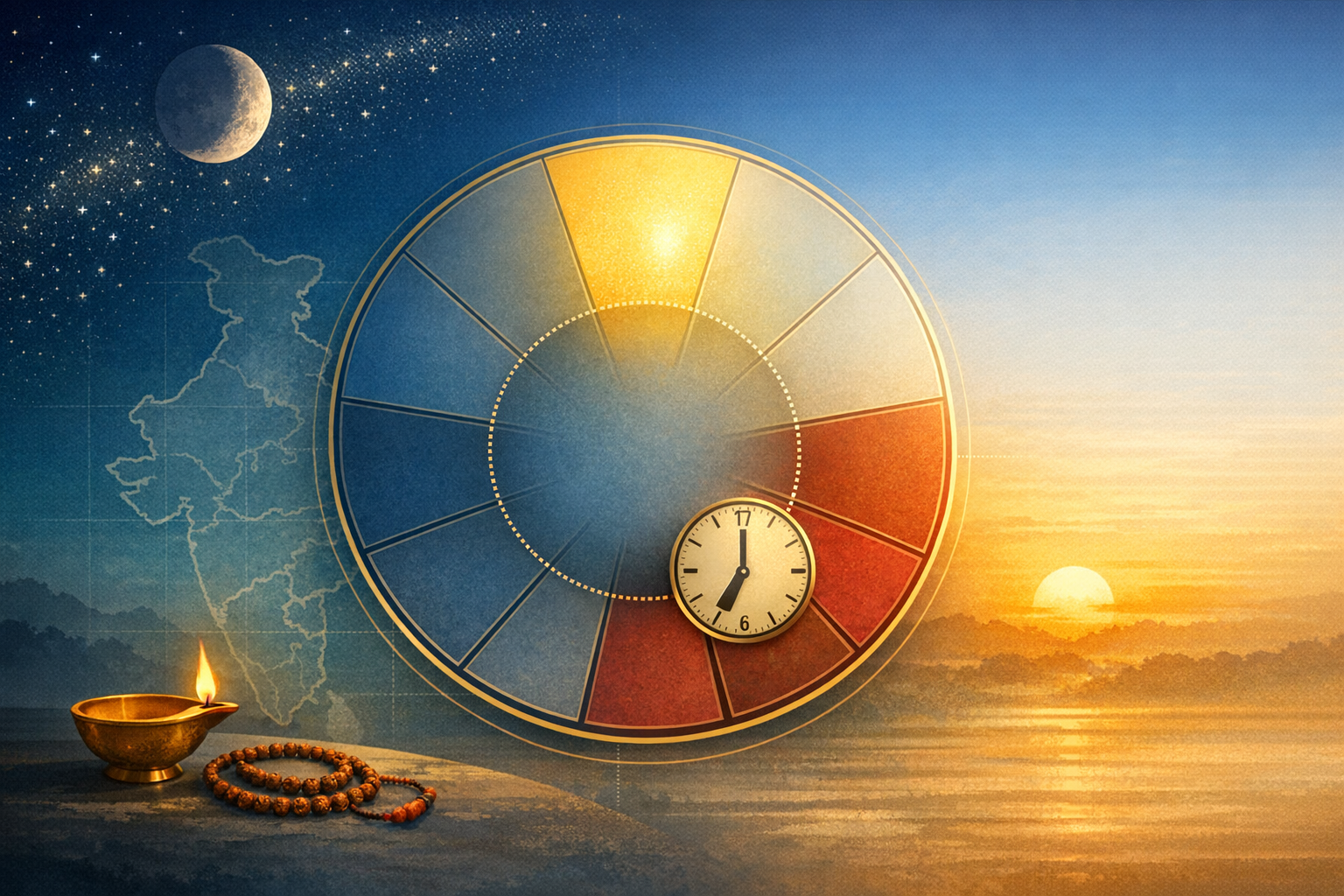 Segmented time wheel with small clock, sunrise over water, crescent moon, India map outline, and a lit brass diya with rudraksha beads—imagery for Ayurveda, Jyotish, dinacharya, and mindful rituals.