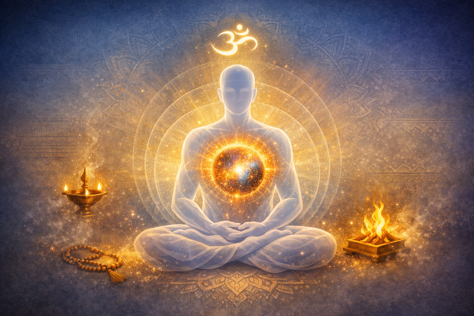 Translucent figure in lotus pose radiates golden light from a cosmic heart, with the Om symbol above, a diya lamp, mala beads, and sacred fire against a blue mandala backdrop; meditation, yoga.